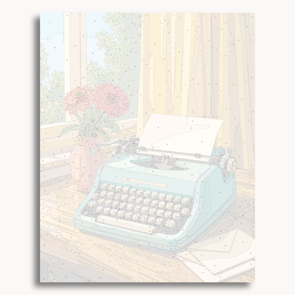 Vista previa del lienzo numerado para Vintage Typewriter, que muestra secciones de pintura delineadas y números de color.