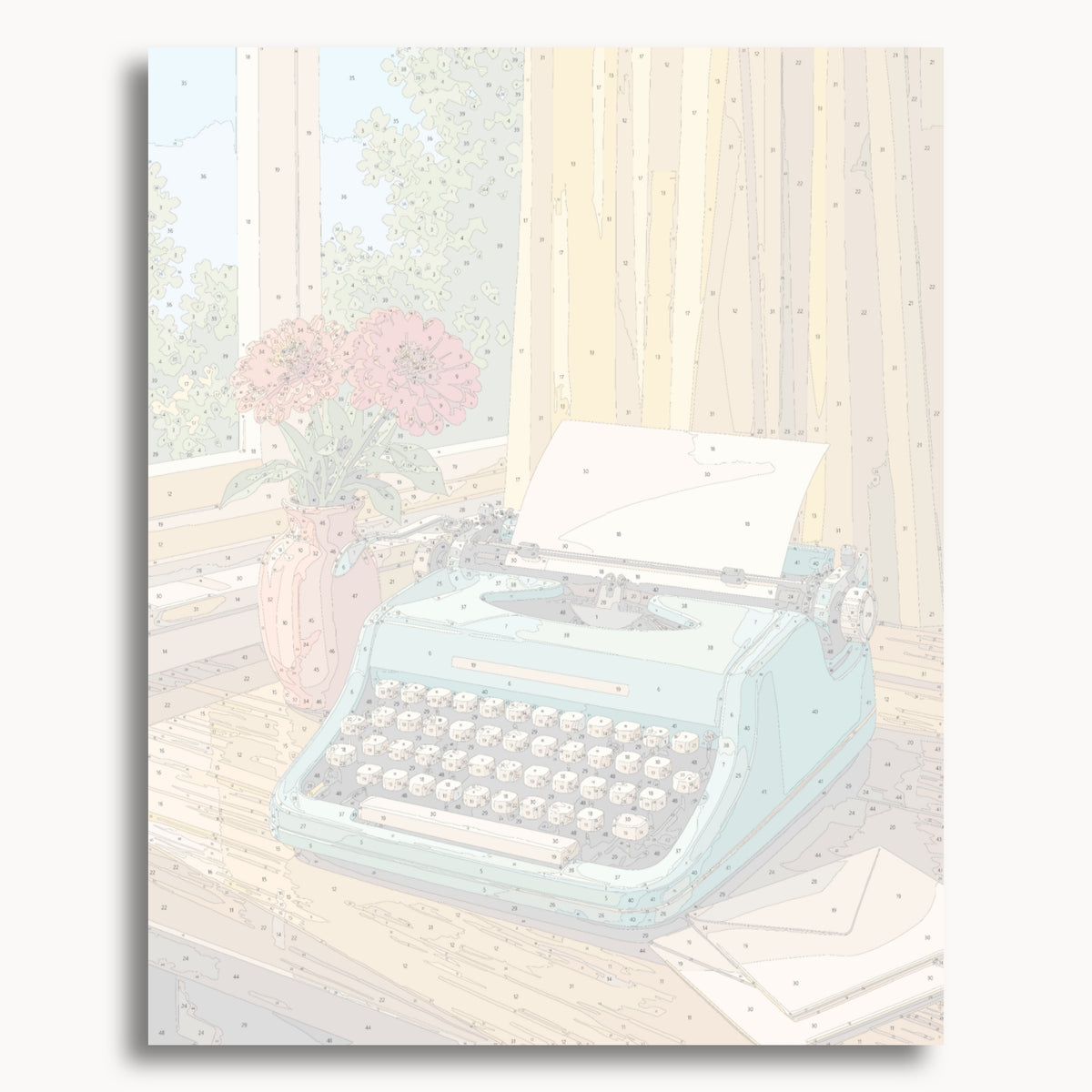 Vista previa del lienzo numerado para Vintage Typewriter, que muestra secciones de pintura delineadas y números de color.