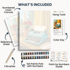 Contenido del kit de máquina de escribir vintage: lienzo numerado, pinturas, tres pinceles, hoja de referencia, clave de color, guía de pintura y accesorios para colgar.