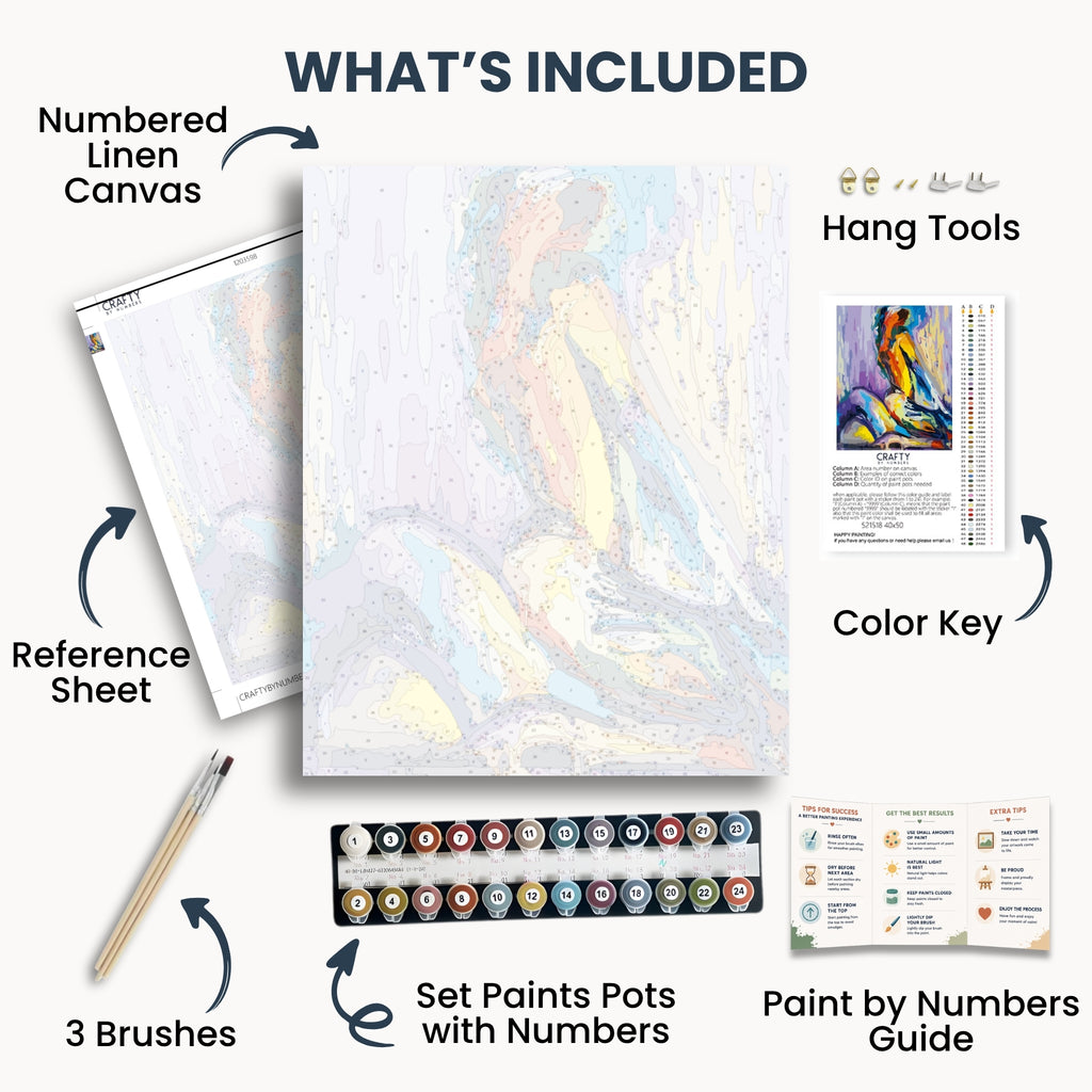 Color of Sin kit contents: numbered canvas, paints, three brushes, reference sheet, color key, painting guide and hanging hardware.