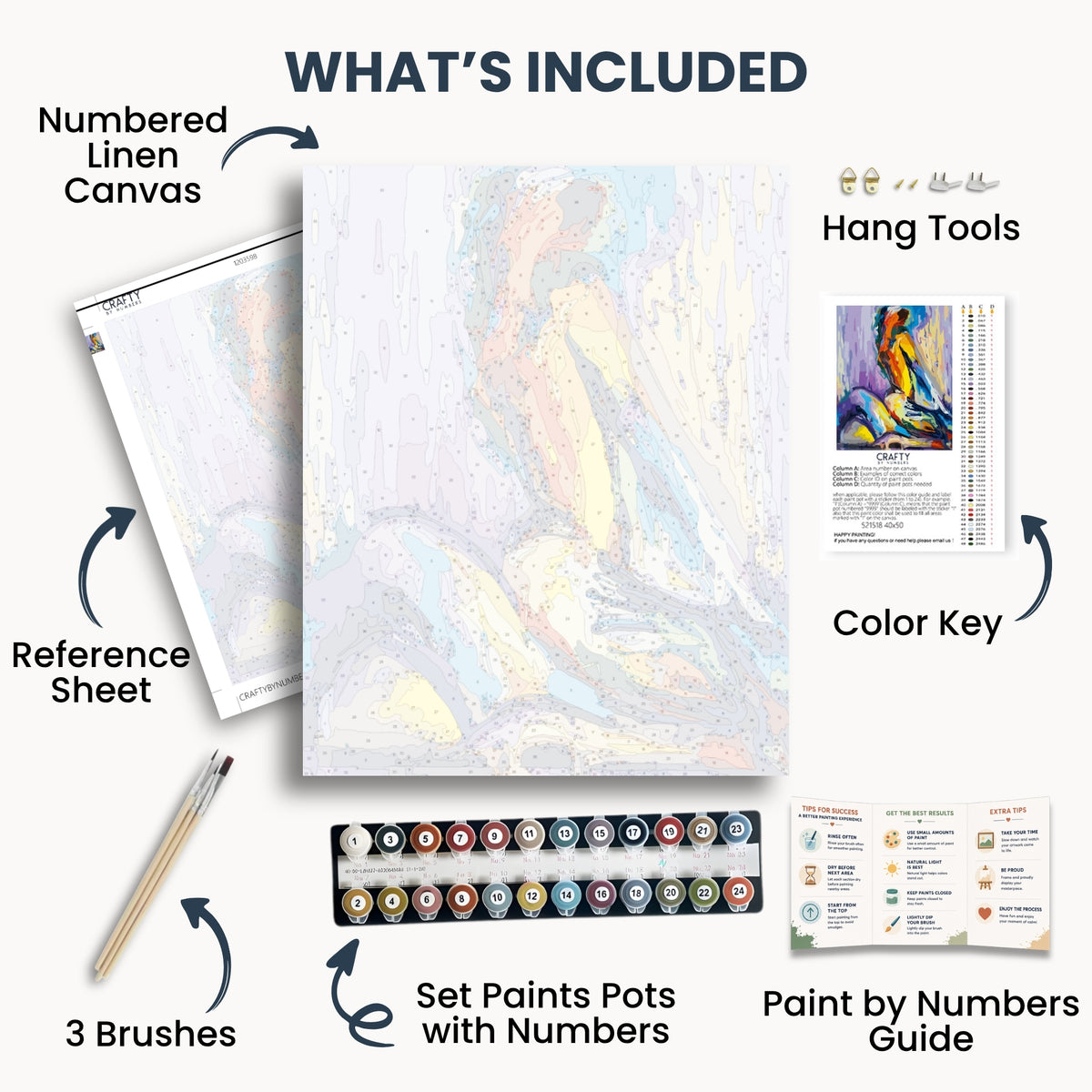 Color of Sin kit contents: numbered canvas, paints, three brushes, reference sheet, color key, painting guide and hanging hardware.
