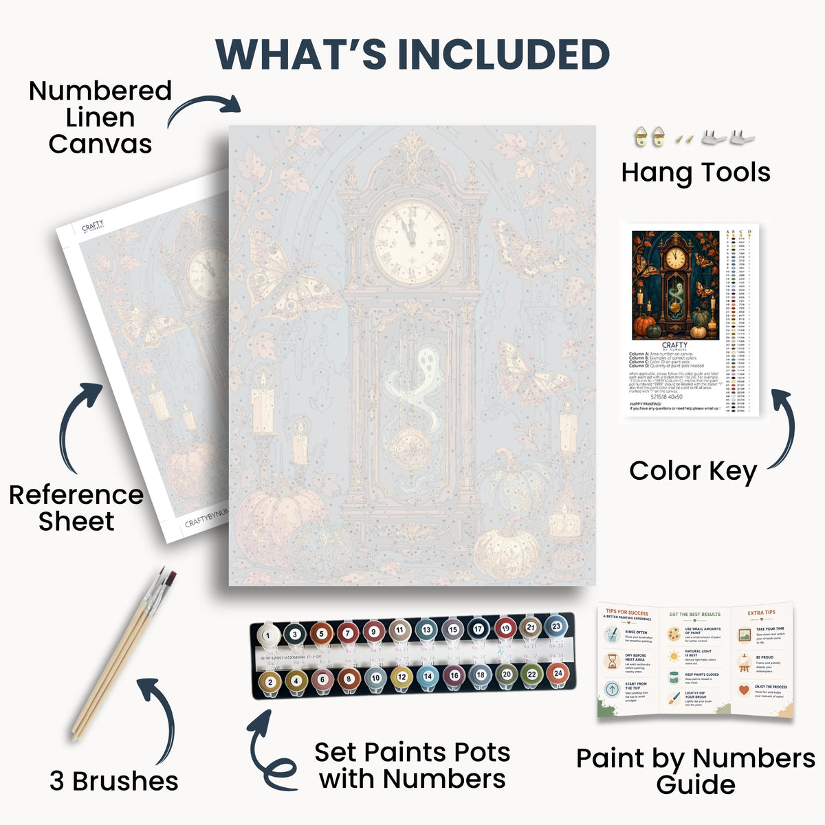 Haunted Grandfather Clock kit contents with numbered canvas, paints, brushes and guide