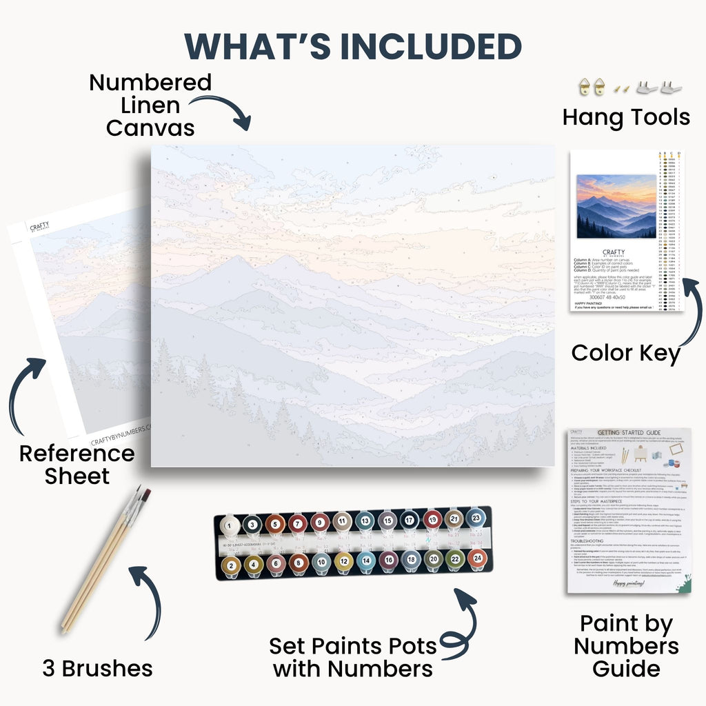 Misty Mountain Sunrise kit contents with numbered canvas, paints, brushes and guide