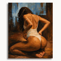 Hands Off: a kneeling woman seen from behind wearing a white bodysuit against a textured blue and brown backdrop.