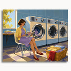 Sunday Spin: a woman reading beside washing machines in a vintage laundromat.