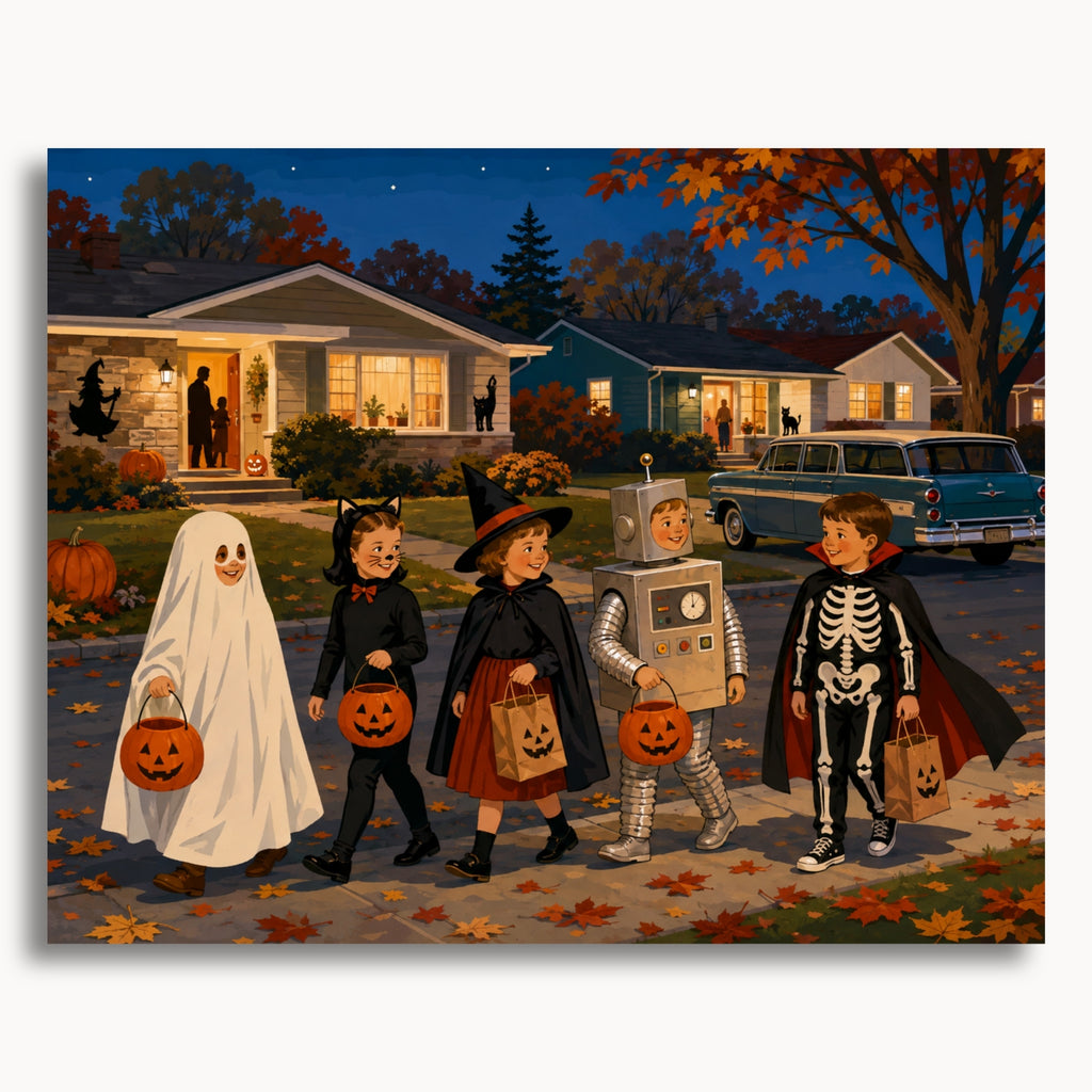 Trick or Treat 1958 paint by numbers artwork on canvas