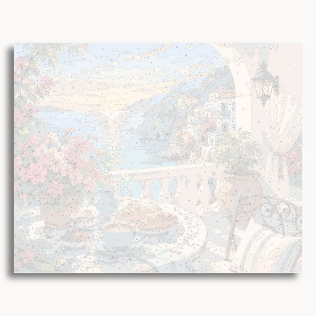 Numbered canvas preview for the Coastal Breakfast paint by numbers kit