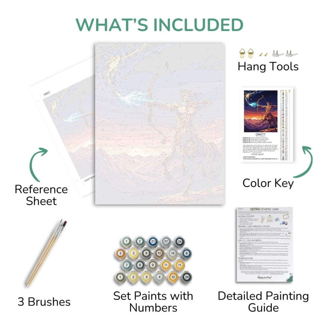 Sagittarius Celestial Archer kit contents with numbered canvas, paints, brushes and guide