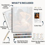Hands Off kit contents: numbered canvas, paints, three brushes, reference sheet, color key, painting guide and hanging hardware.