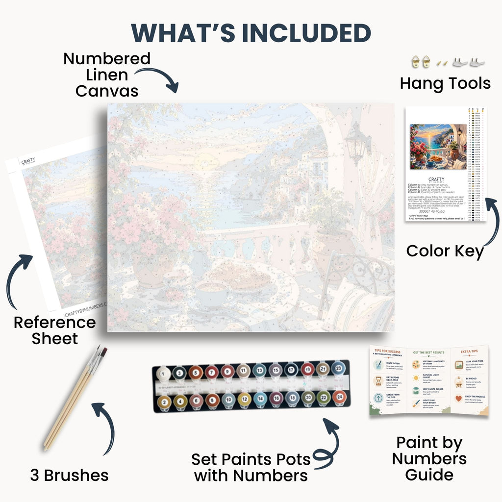 Coastal Breakfast kit contents with numbered canvas, paints, brushes and guide