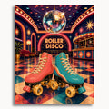 Roller Disco: coral and turquoise roller skates beneath a disco ball in a neon-lit roller rink.