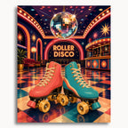 Roller Disco: coral and turquoise roller skates beneath a disco ball in a neon-lit roller rink.