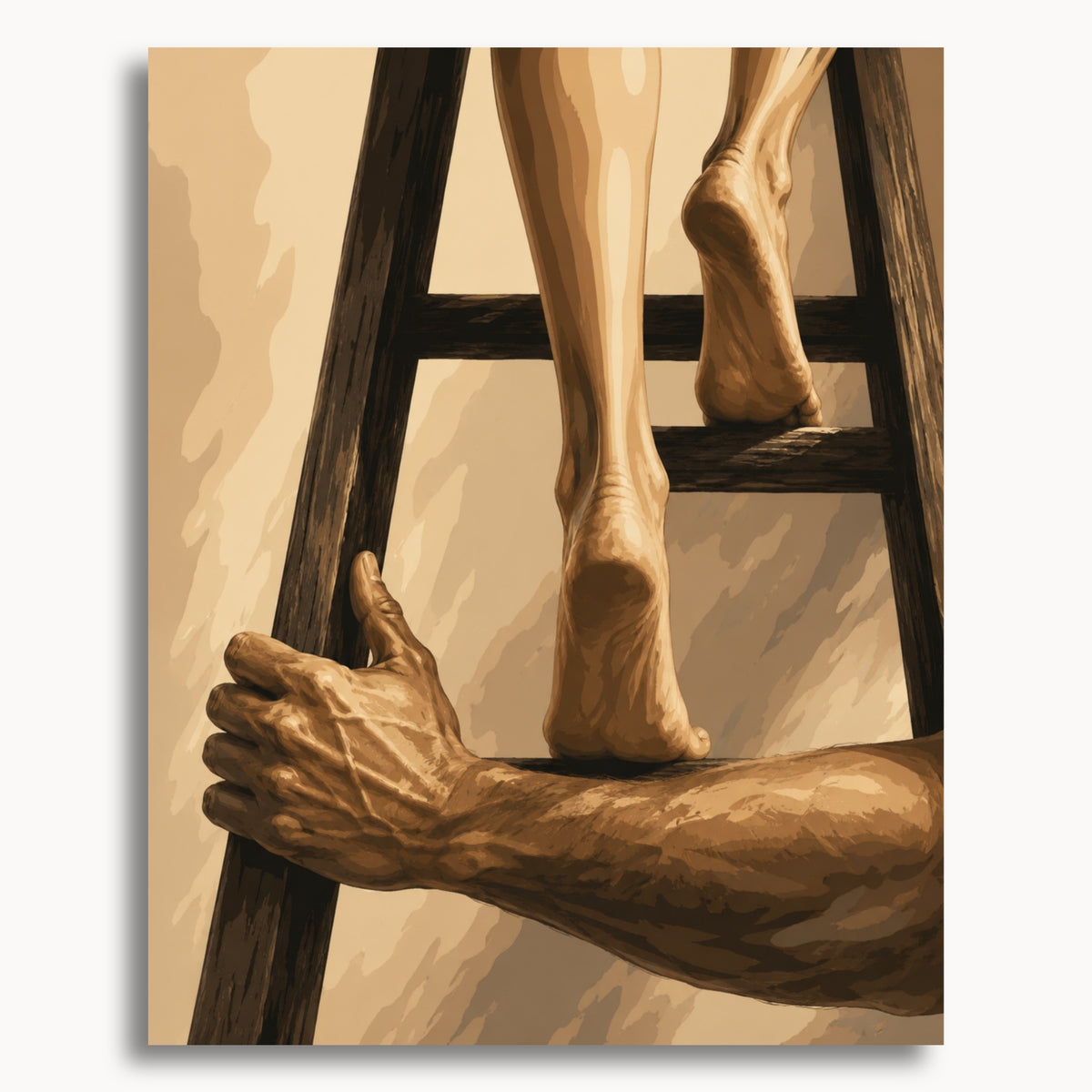 Climb to Me: bare feet on a wooden ladder with a hand gripping its side, painted in warm brown tones.