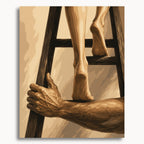 Climb to Me: bare feet on a wooden ladder with a hand gripping its side, painted in warm brown tones.