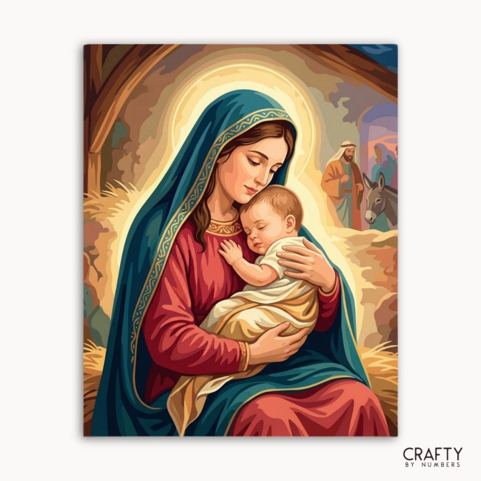 Holy Night Embrace finished paint by numbers canvas showing Mary cradling baby Jesus in a nativity scene