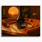 Afterglow '74: an orange sunken lounge with a suspended fireplace and a round window framing the sunset.