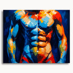Body Heat: a muscular male torso painted in bold blue, orange, red and yellow brushstrokes.