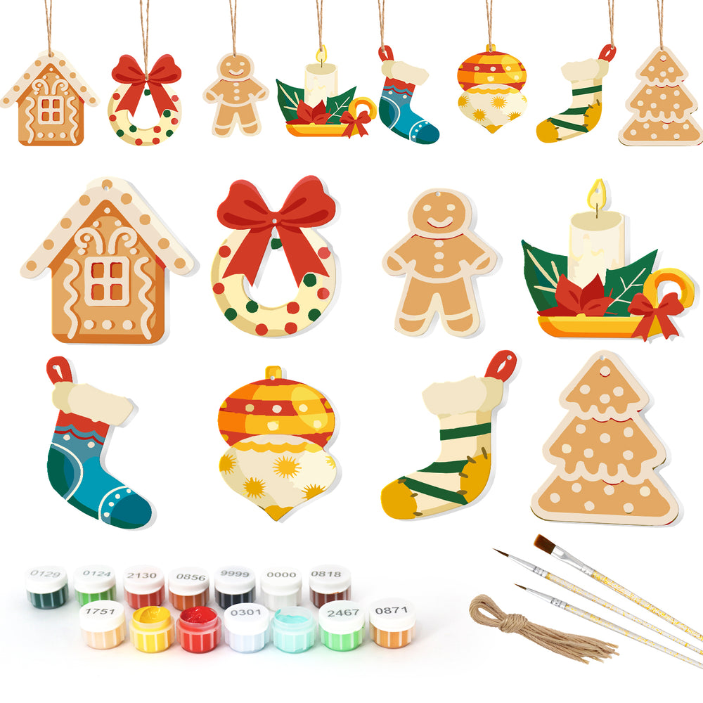 Set of Christmas-themed wooden ornaments with paint supplies on a white background