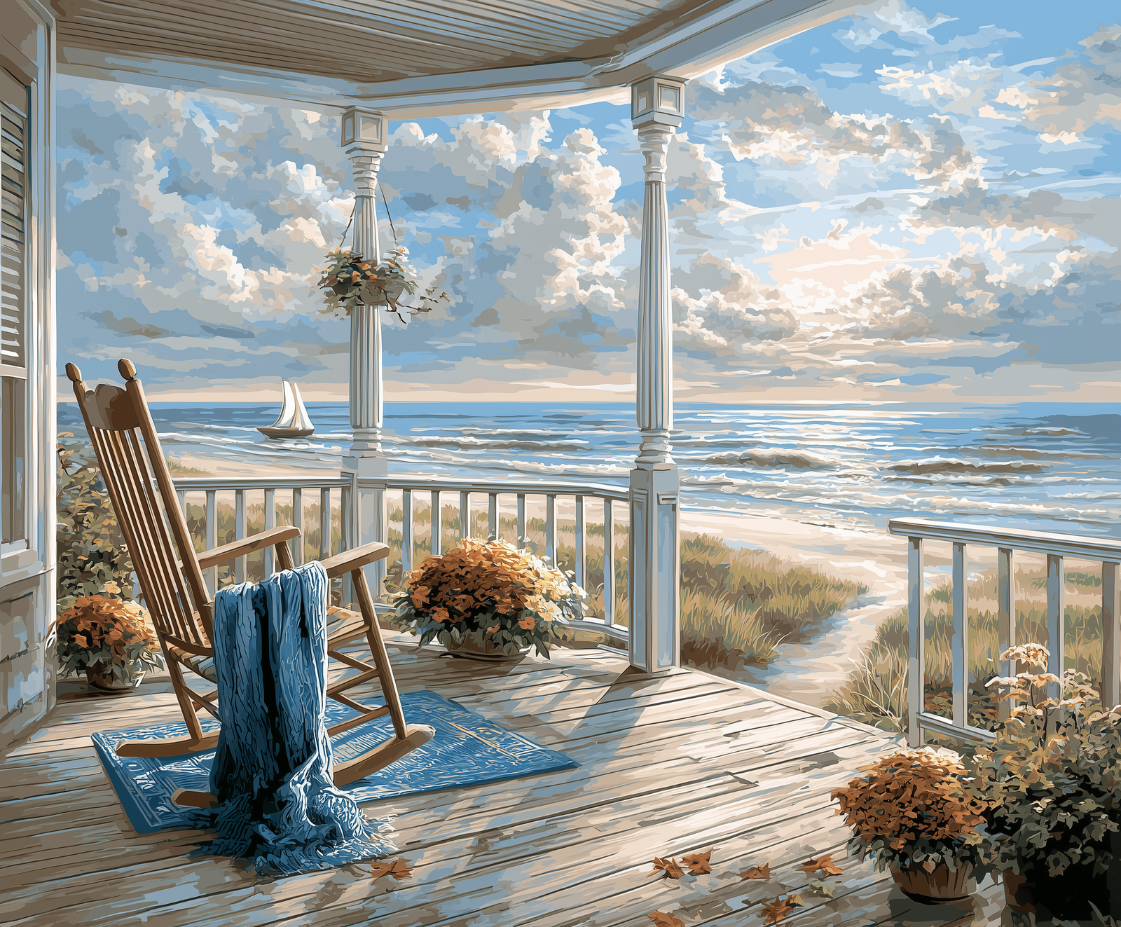 Imagen de un kit de pintura por números que muestra un tranquilo porche con una mecedora y una vista del océano. La imagen tiene una atmósfera serena junto a la playa con un velero a lo lejos.