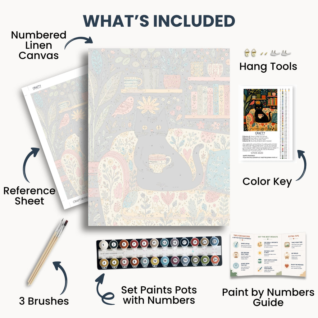 Cozy Black Cat kit contents with numbered canvas, paints, brushes and guide