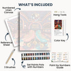 Roller Disco kit contents: numbered canvas, paints, three brushes, reference sheet, color key, painting guide and hanging hardware.