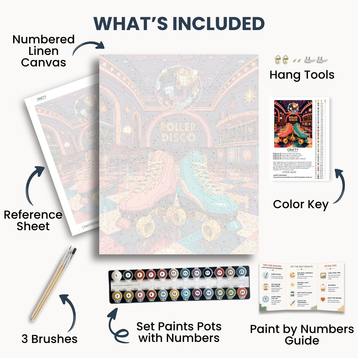 Roller Disco kit contents: numbered canvas, paints, three brushes, reference sheet, color key, painting guide and hanging hardware.