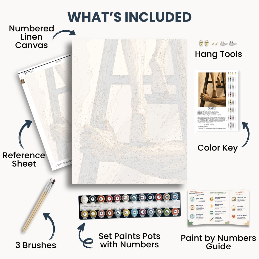 Climb to Me kit contents: numbered canvas, paints, three brushes, reference sheet, color key, painting guide and hanging hardware.