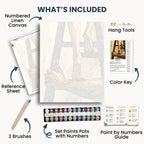 Climb to Me kit contents: numbered canvas, paints, three brushes, reference sheet, color key, painting guide and hanging hardware.