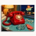 Midnight Call: a red rotary telephone, glasses and a glass ashtray beside a motel window at night.