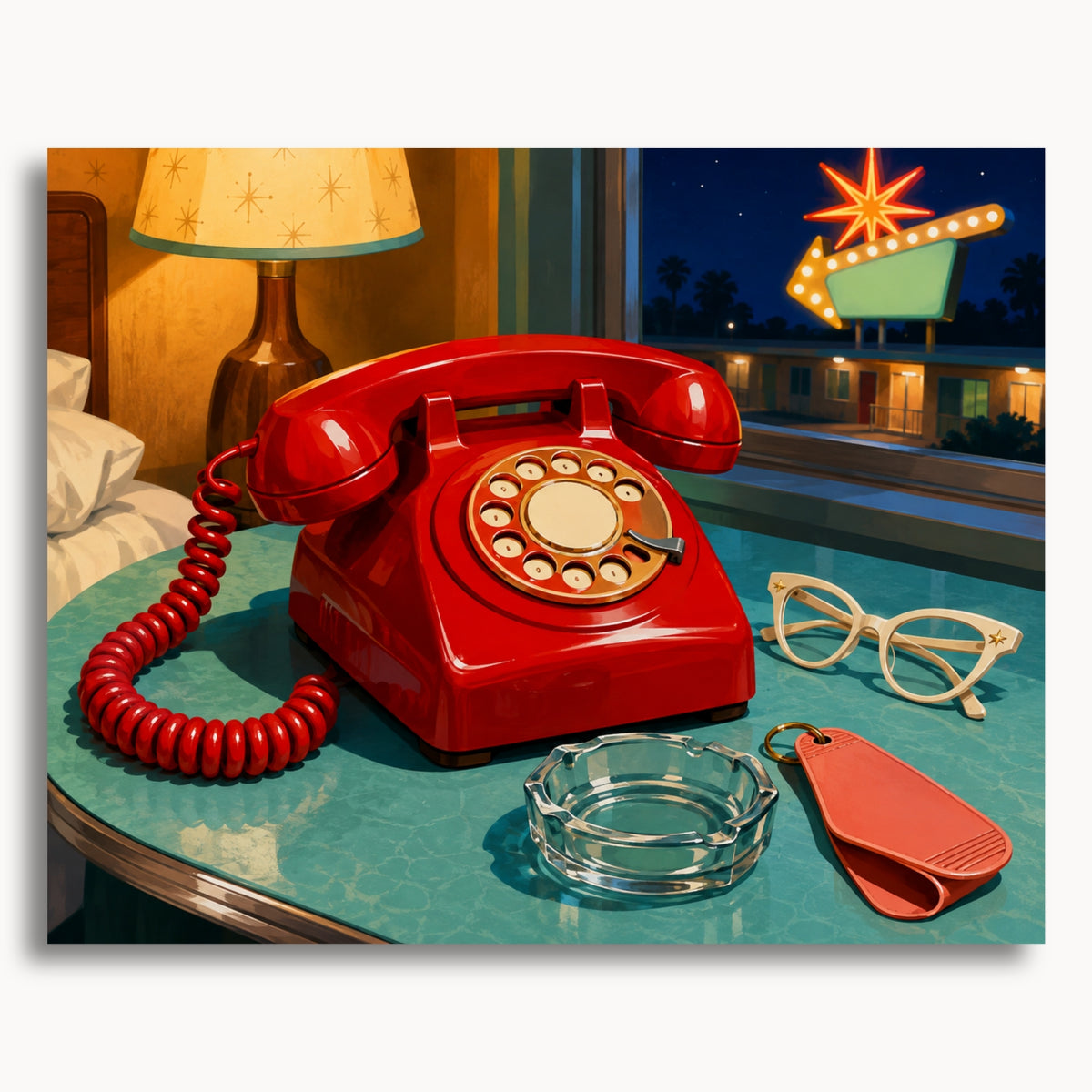 Midnight Call: a red rotary telephone, glasses and a glass ashtray beside a motel window at night.