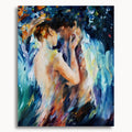 Breathless: a couple leaning close together amid loose blue, white and gold brushstrokes.
