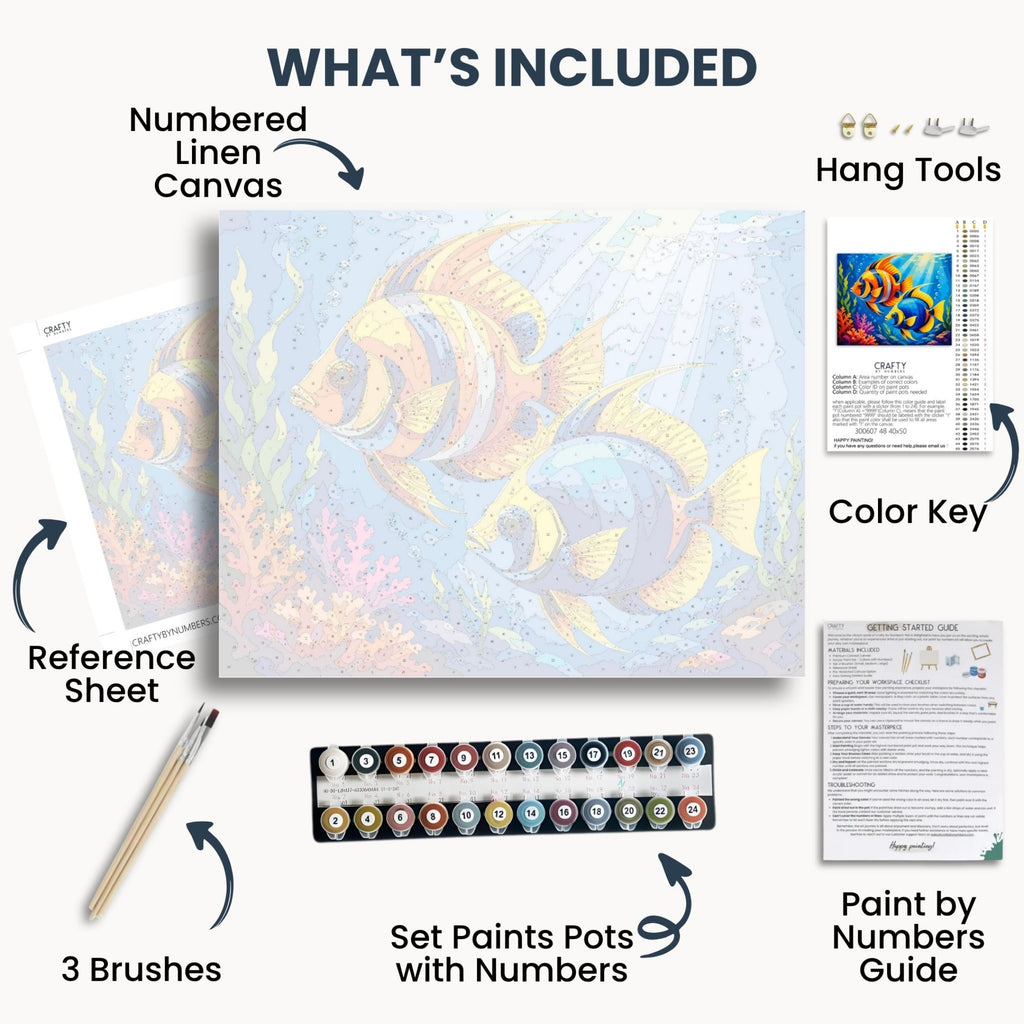 Tropical Fish kit contents with numbered canvas, paints, brushes and guide