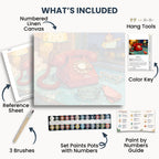 Midnight Call kit contents: numbered canvas, paints, three brushes, reference sheet, color key, painting guide and hanging hardware.