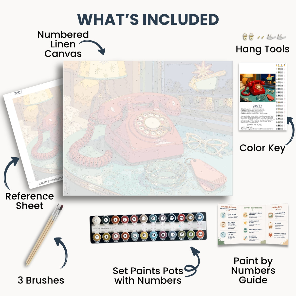 Midnight Call kit contents: numbered canvas, paints, three brushes, reference sheet, color key, painting guide and hanging hardware.