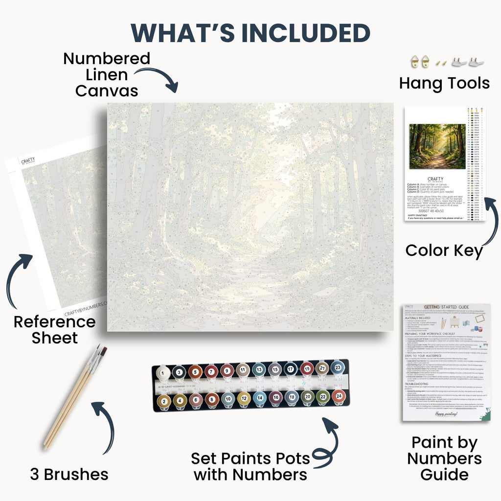 Forest Path kit contents with numbered canvas, paints, brushes and guide