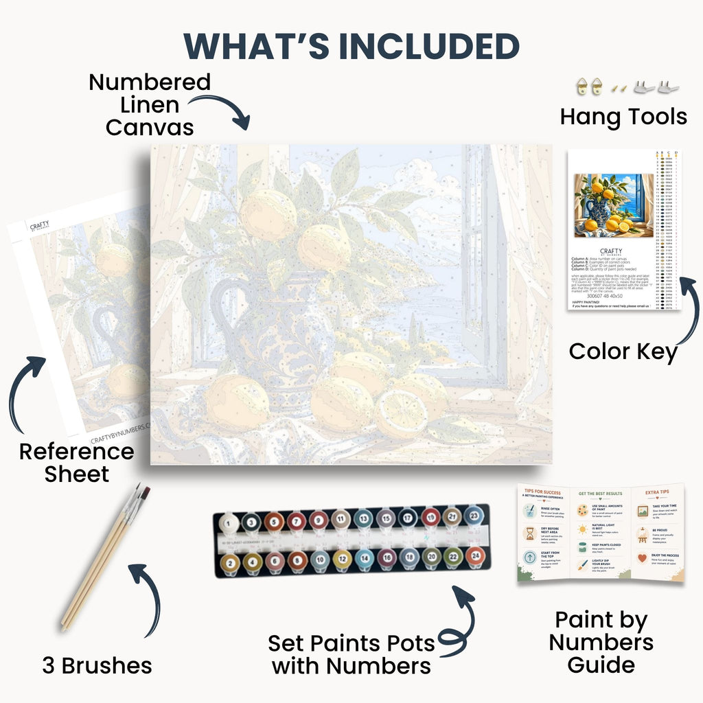 Inhalt des Coastal Lemons-Kits mit nummerierter Leinwand, Farben, Pinseln und Anleitung