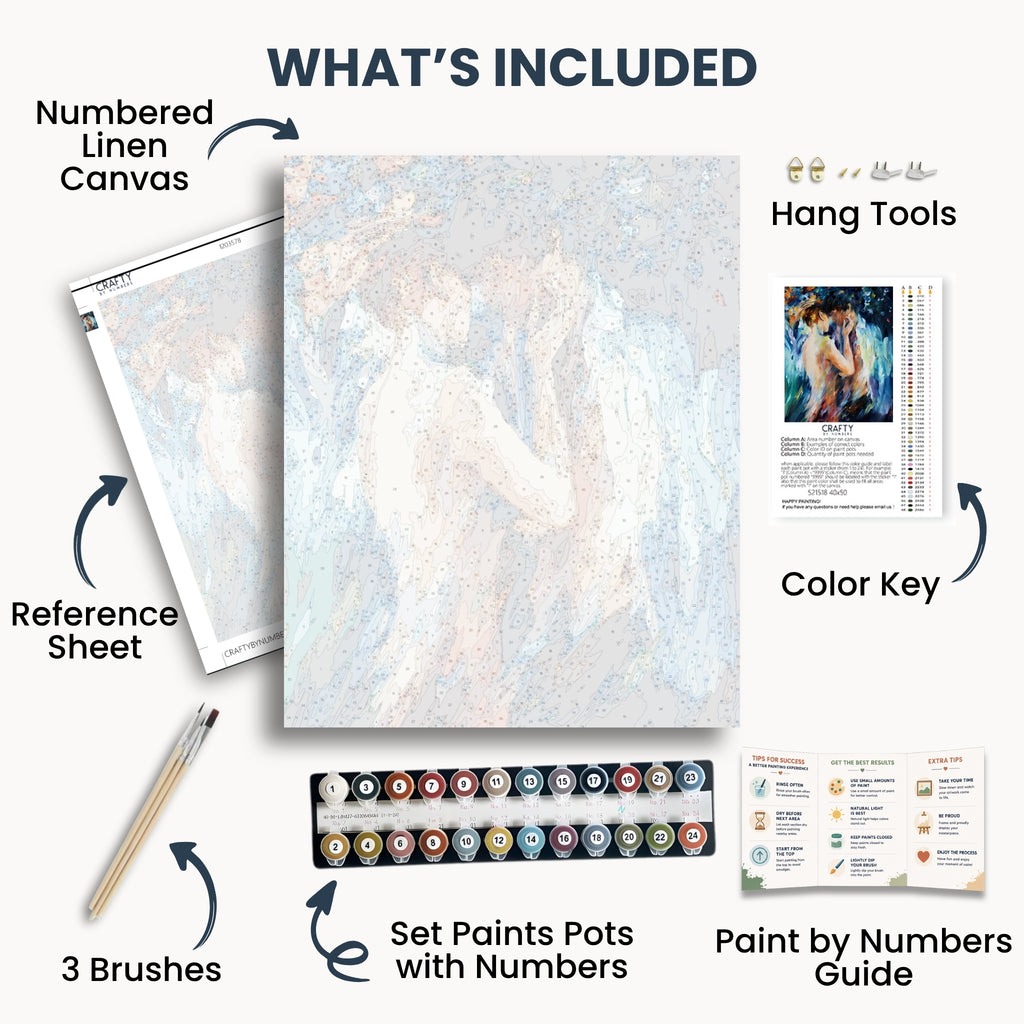 Breathless kit contents: numbered canvas, paints, three brushes, reference sheet, color key, painting guide and hanging hardware.