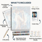 Breathless kit contents: numbered canvas, paints, three brushes, reference sheet, color key, painting guide and hanging hardware.