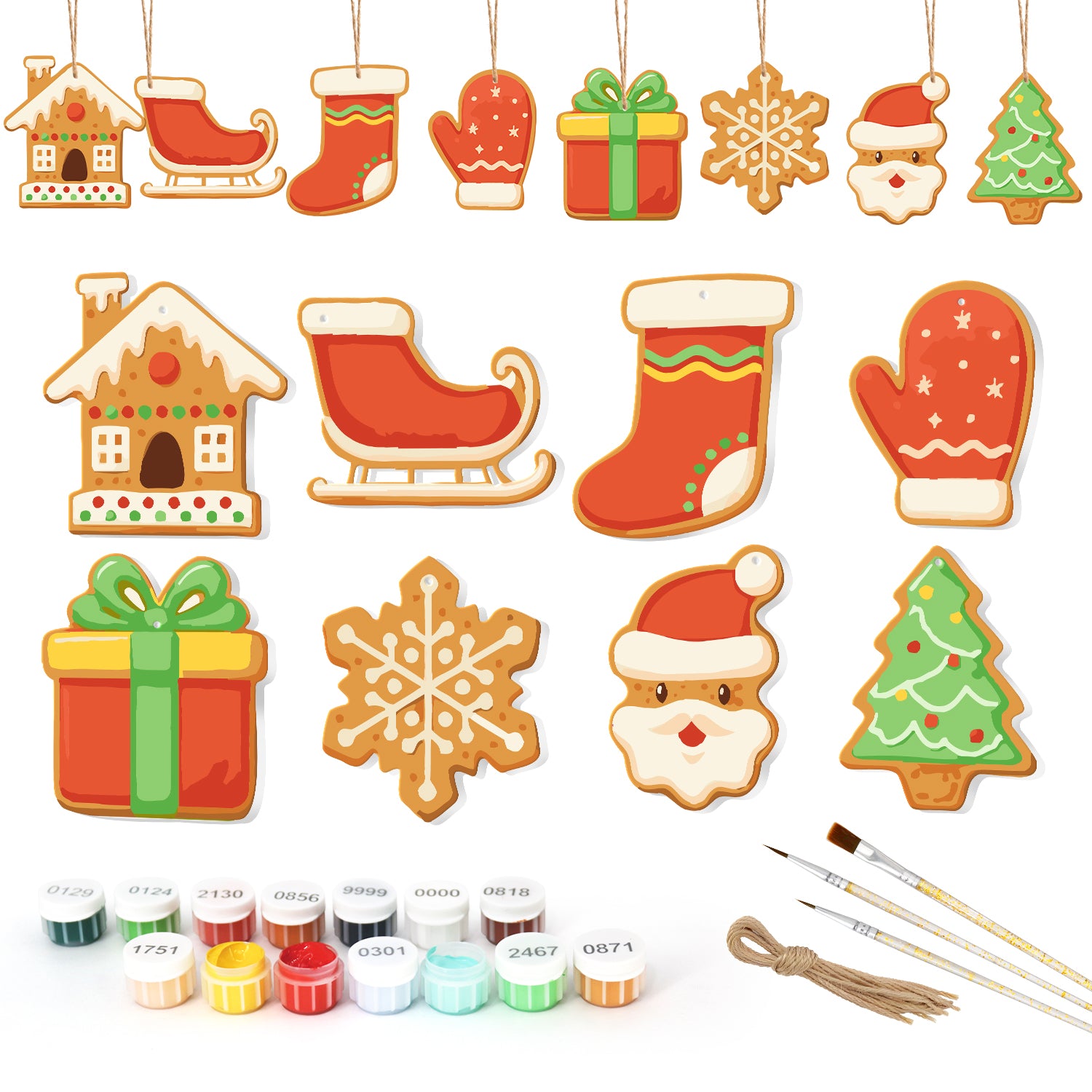 Set of Christmas-themed cookie cutters with paint supplies on a white background