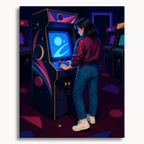 Last Token: a person playing a glowing arcade machine in a dark room with purple and blue accents.