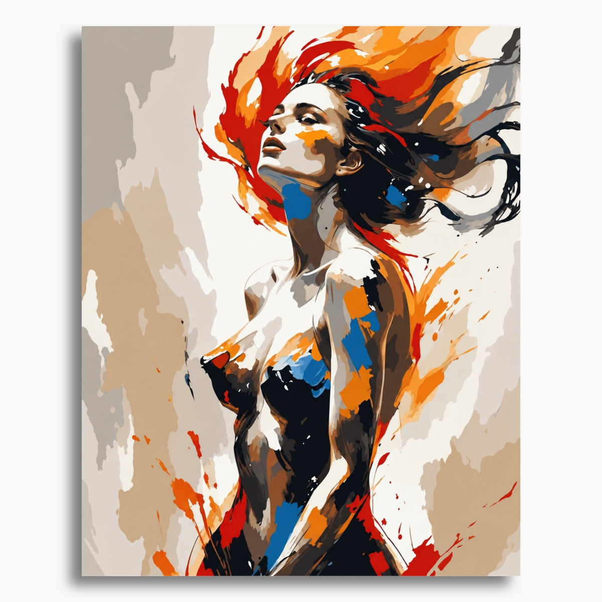 Wild Desire: an expressive female figure with windswept dark hair and orange, blue and black brushstrokes.