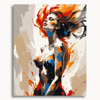 Wild Desire: an expressive female figure with windswept dark hair and orange, blue and black brushstrokes.