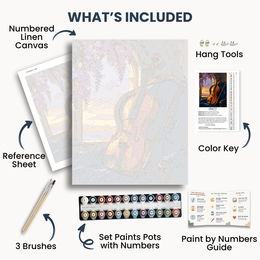 Wisteria Cello kit contents with numbered canvas, paints, brushes and guide