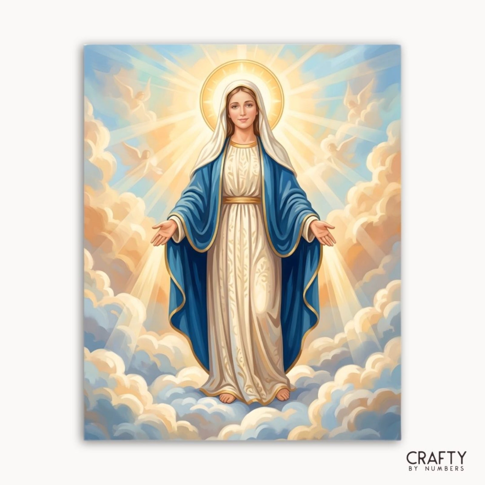 Sacred Light Madonna finished paint by numbers canvas showing the Virgin Mary glowing among clouds and angels