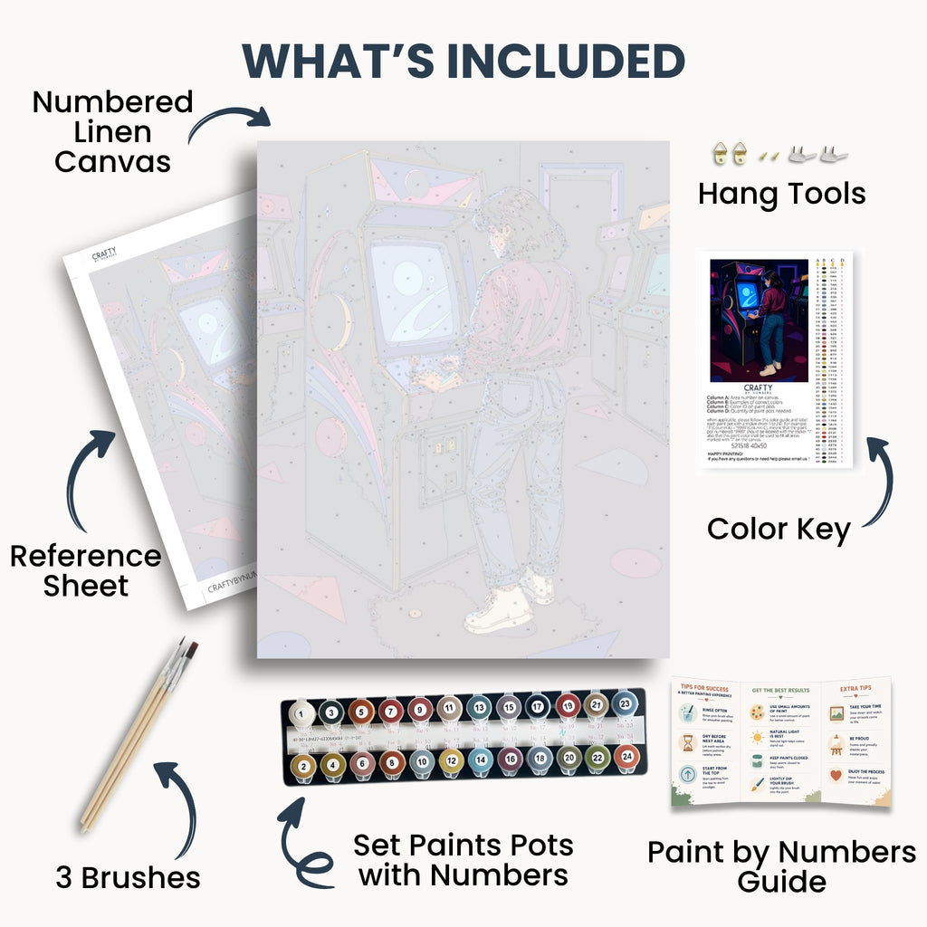 Last Token kit contents: numbered canvas, paints, three brushes, reference sheet, color key, painting guide and hanging hardware.
