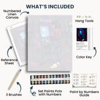 Last Token kit contents: numbered canvas, paints, three brushes, reference sheet, color key, painting guide and hanging hardware.