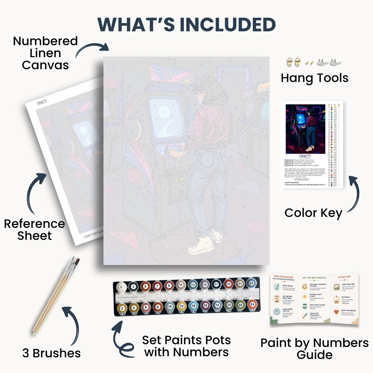 Last Token kit contents: numbered canvas, paints, three brushes, reference sheet, color key, painting guide and hanging hardware.