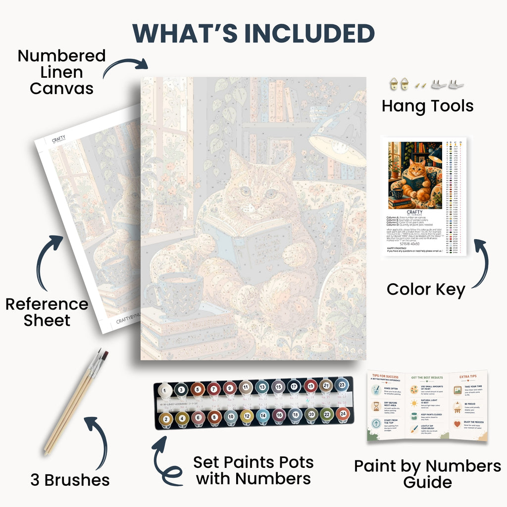 Reading Cat kit contents with numbered canvas, paints, brushes, reference sheet and guide