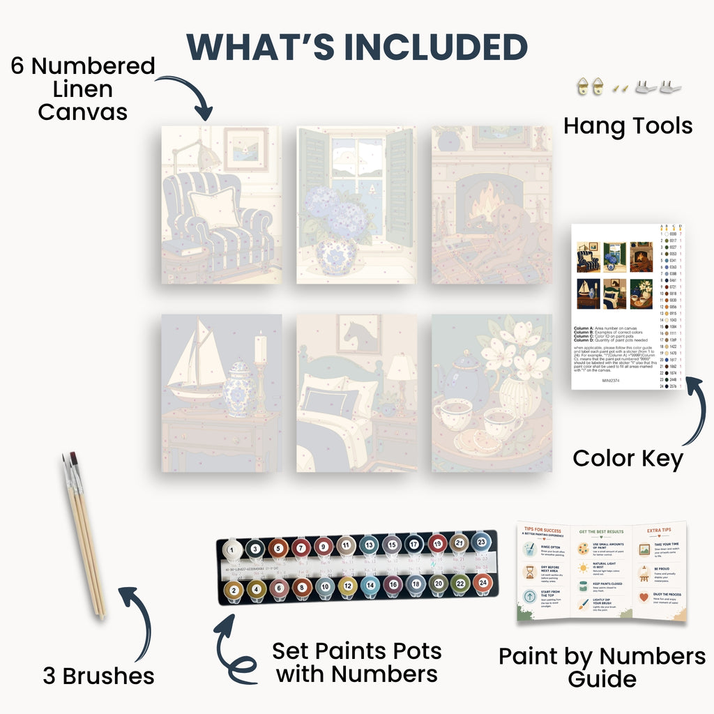 Coastal Cottage mini kit contents with six canvases, paints, brushes and guide