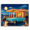Vintage Gas Station: a turquoise classic car parked at an illuminated desert gas station at night.